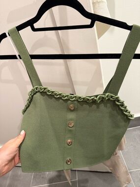 Maje Olive Green Knit cropped top with Braided Trim